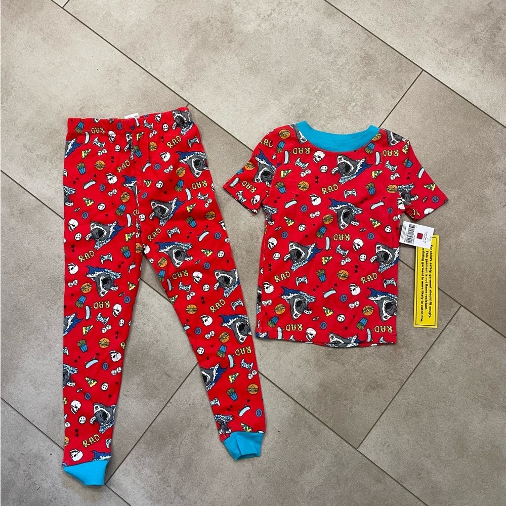 Highland Originals, Vibrant Red and Blue Shark-Themed Pajama Set, Sz 4